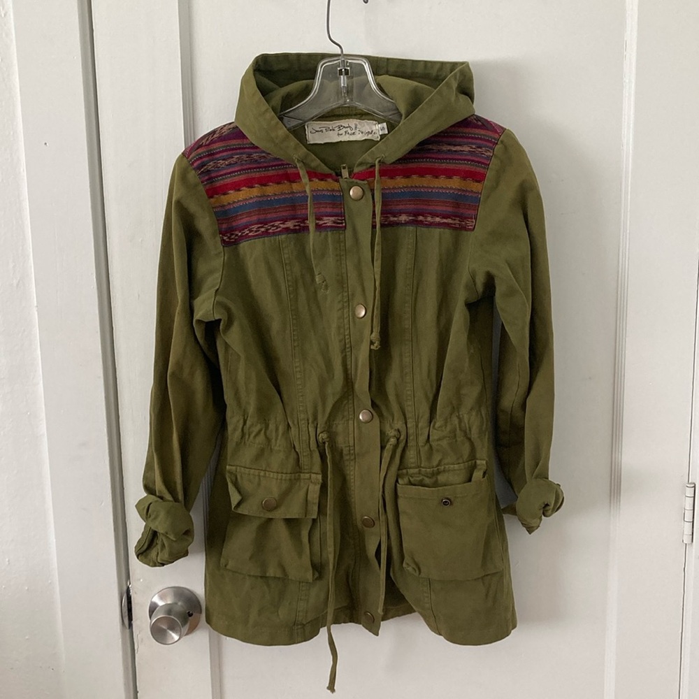 Free people Olive Green Hooded Jacket with Multicolor Accents